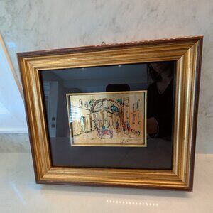 Vintage Italian photo in small town picture made with gold leaf, hand painted